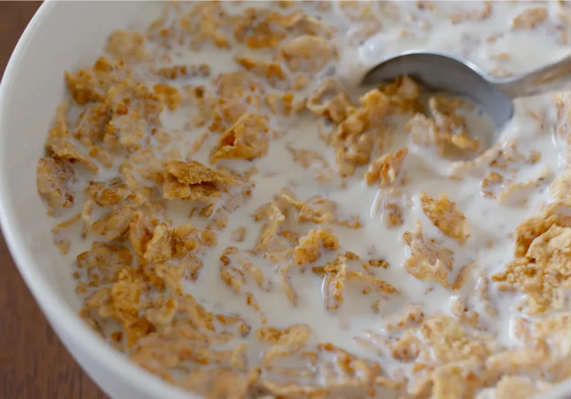 Cereal integral sem açúcar com leite desnatado tigela com Cereal integral sem açúcar com leite desnatado