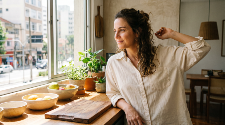 Mulher em cozinha luminosa fazendo pausa saudável no meio da manhã, com pequeno alongamento de ombros e sorriso sereno.