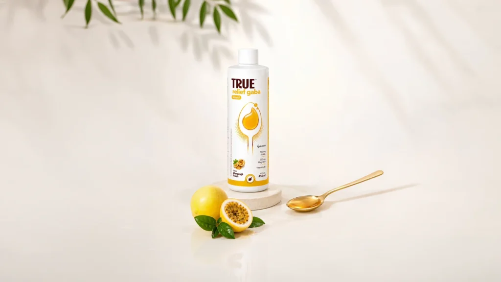 True Relief GABA Liquid, suplemento para relaxamento sem melatonina, imagem oficial da linha Relief GABA da True.