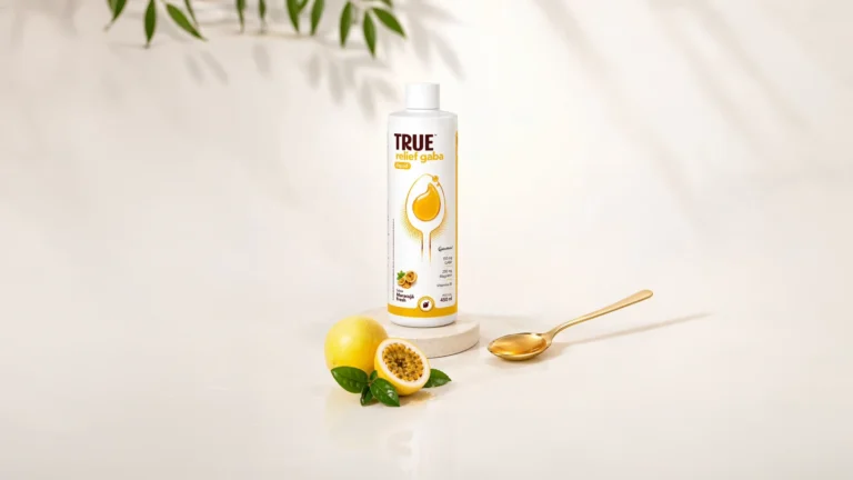 True Relief GABA Liquid, suplemento para relaxamento sem melatonina, imagem oficial da linha Relief GABA da True.